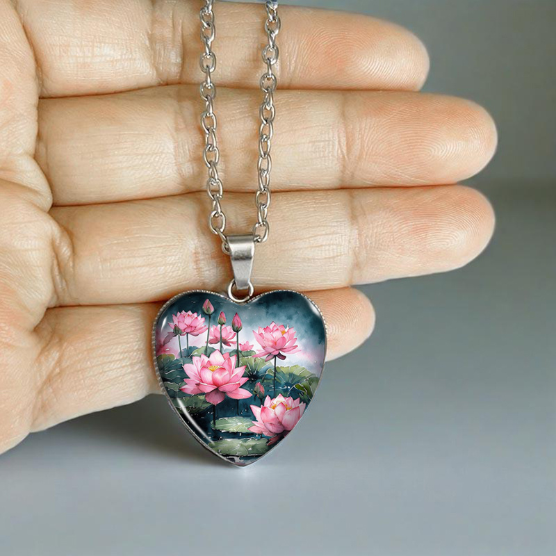 Pink Lotus Pond Heart Glass Pendant Men's Necklace